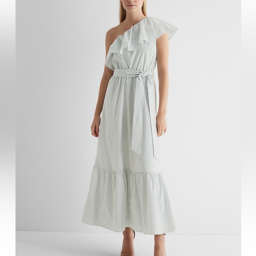 NWT Express XL Poplin Striped One Shoulder Ruffle Tie Waist Maxi Dress